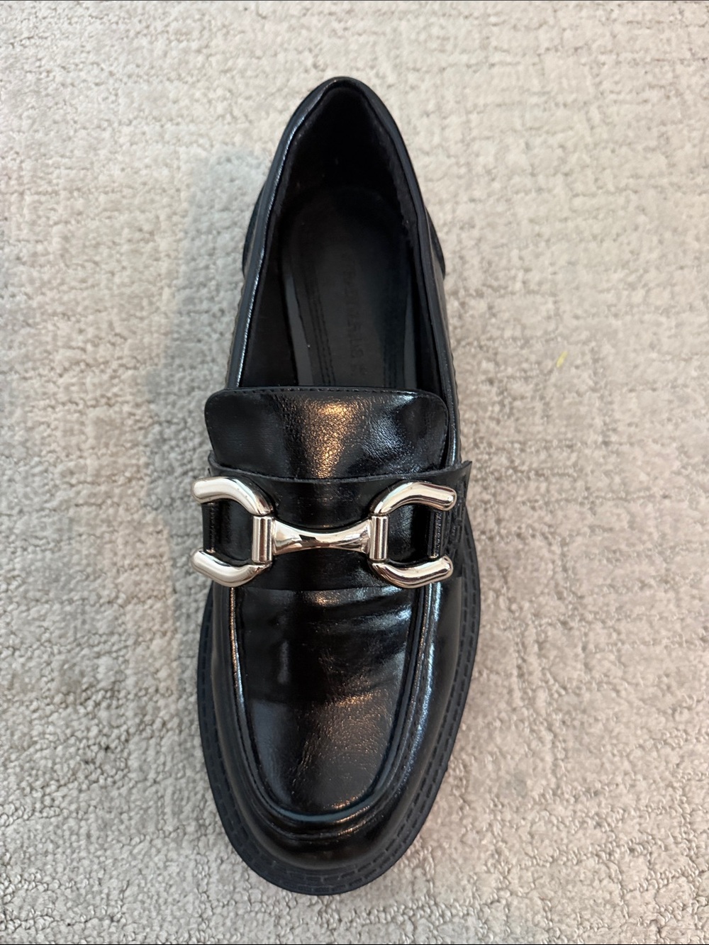 stradivarius Black Leather Women’s Loafer with Silver Hardware